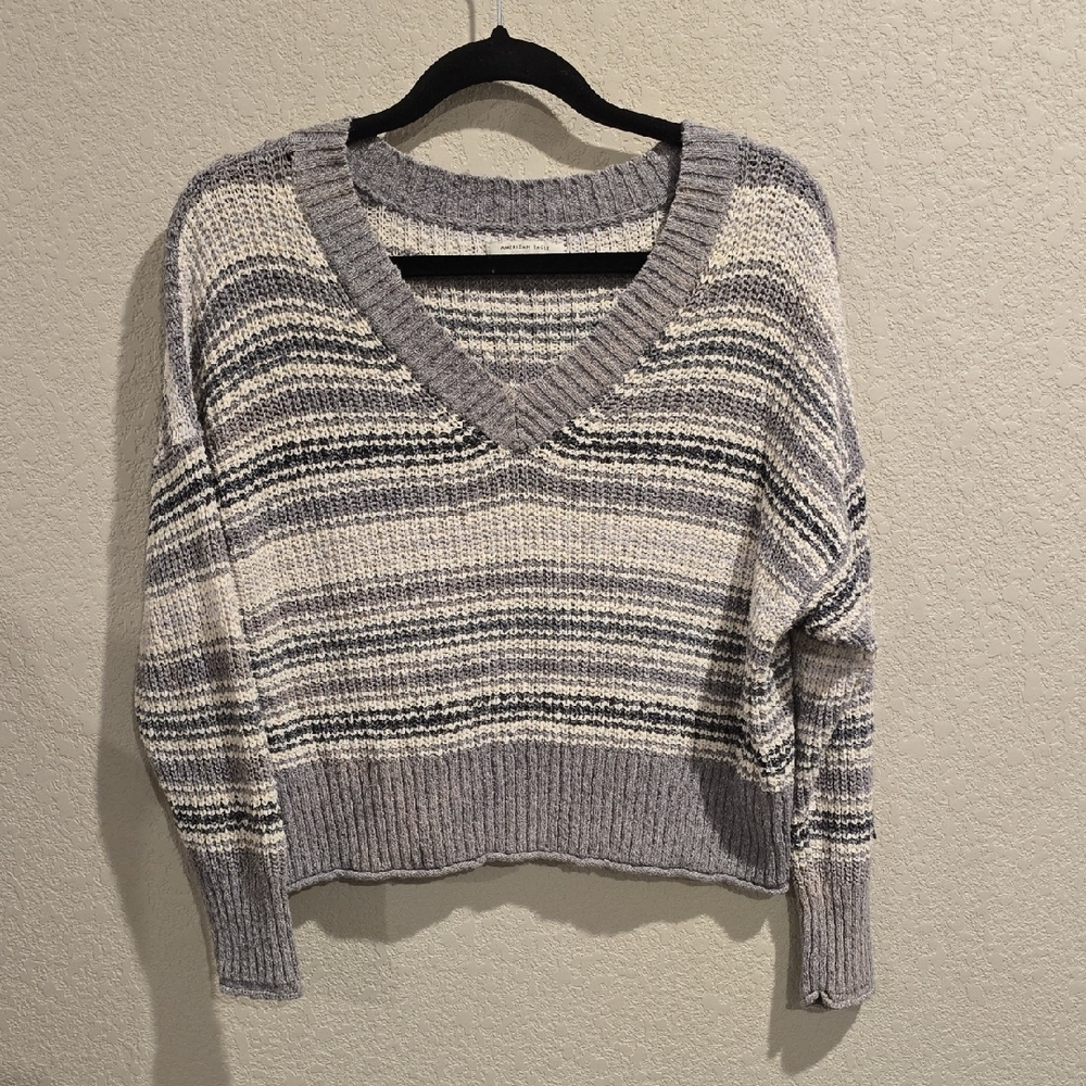 American Eagle Striped V-Neck Oversized Knit Sweater
